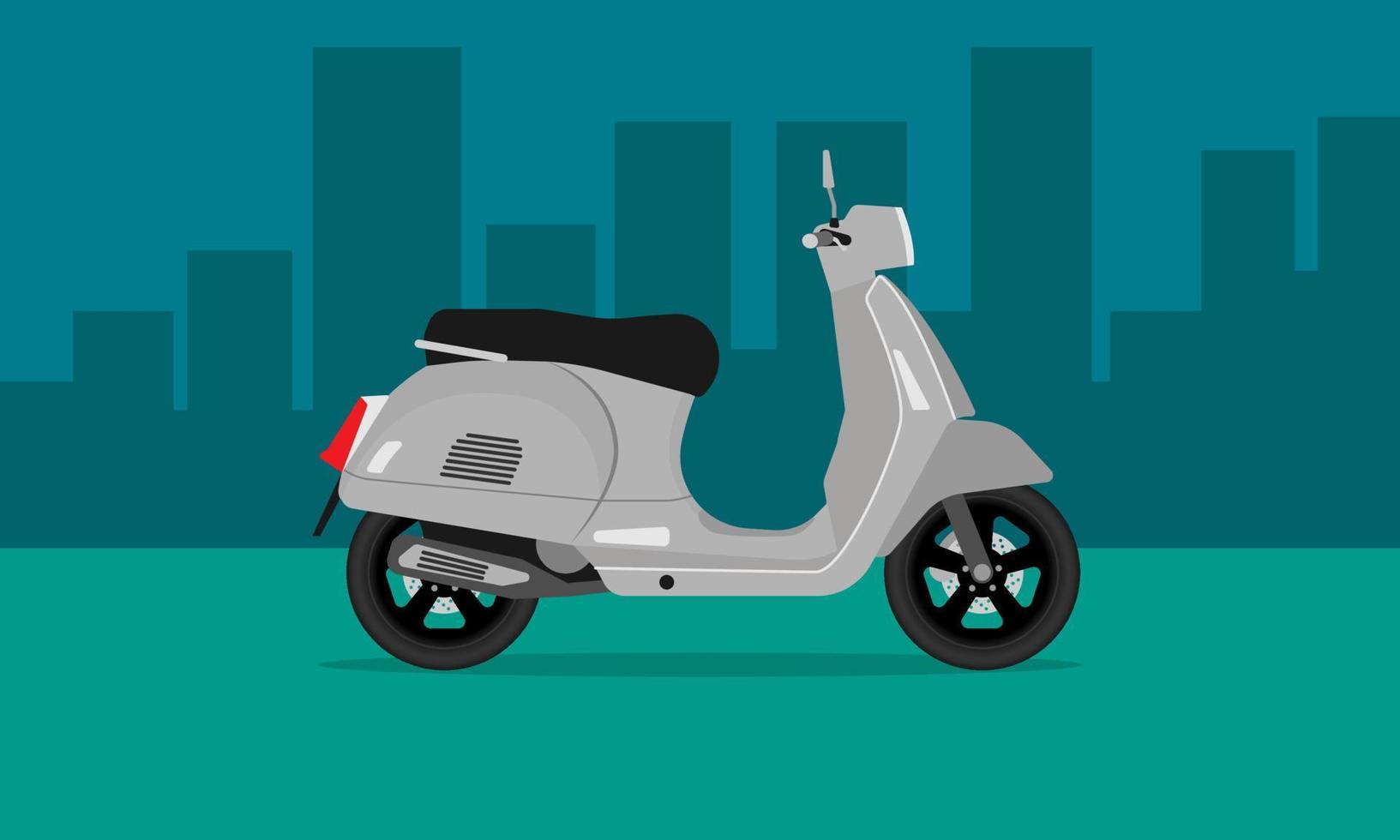 style moderne gris moto scooter. fond de ville silhouette ville. illustration vectorielle eps10 vecteur