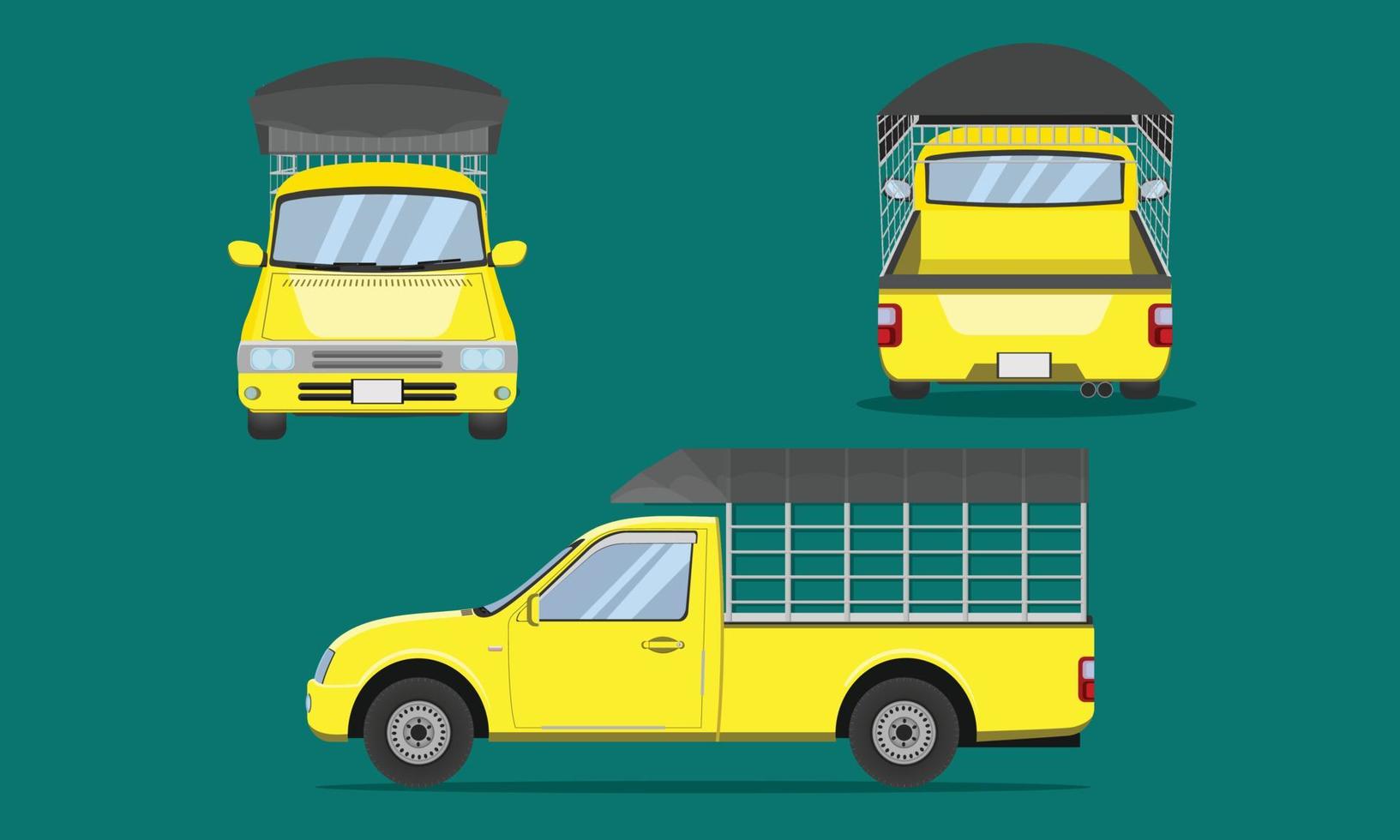 Camionnette jaune avec caillebotis en acier de voiture capot supérieur en plastique face avant vue arrière transport illustration vecteur eps10