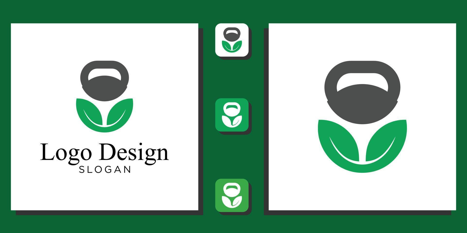 logo design symbole combinaison kettlebell feuille nutrition sain vert fitness avec modèle d'application vecteur