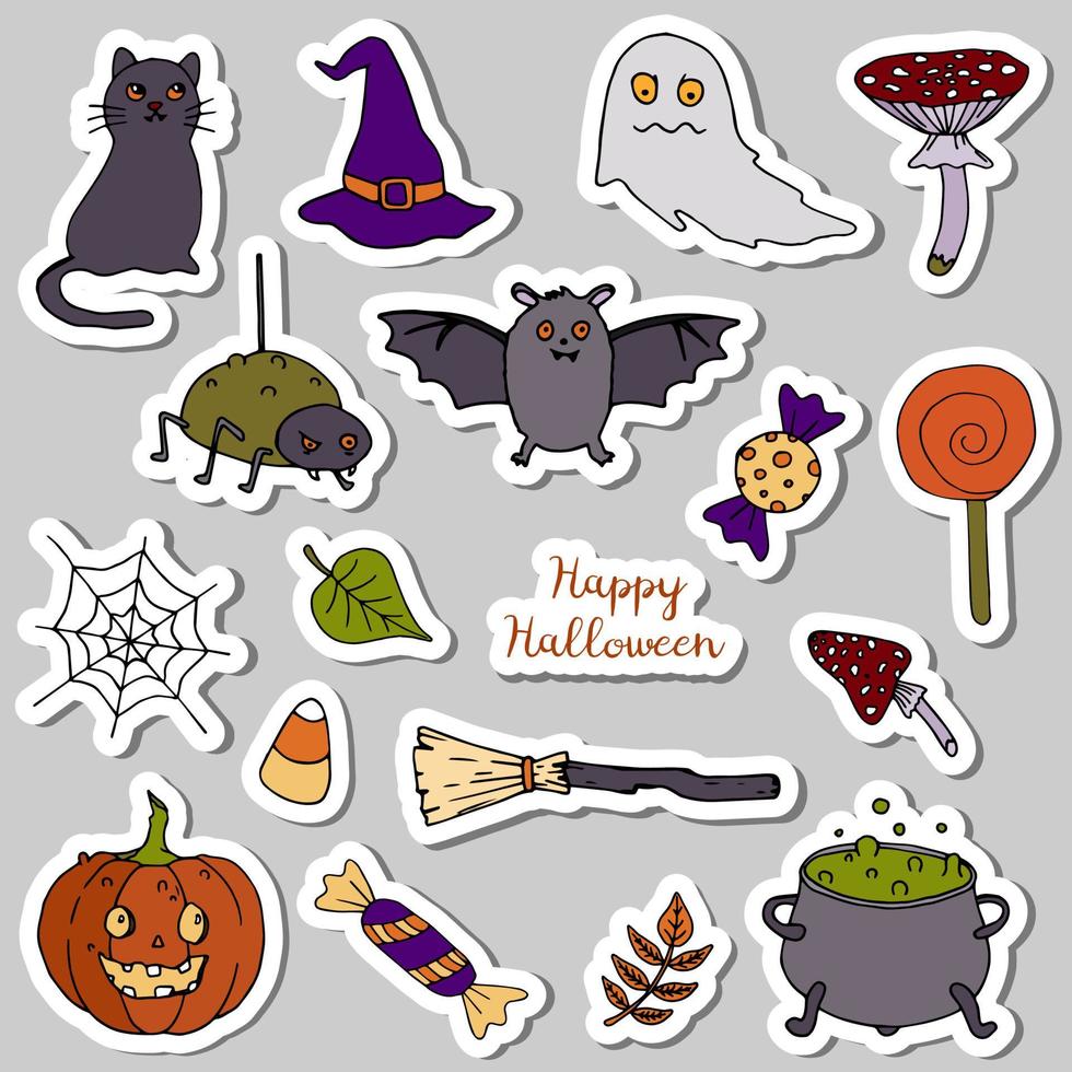 pack d'autocollants joyeux halloween. chat, chapeau, amanite, chaudron de potion, chauve-souris, bonbon, balai, citrouille, feuilles. illustration vectorielle dessinée à la main dans un style doodle. vecteur