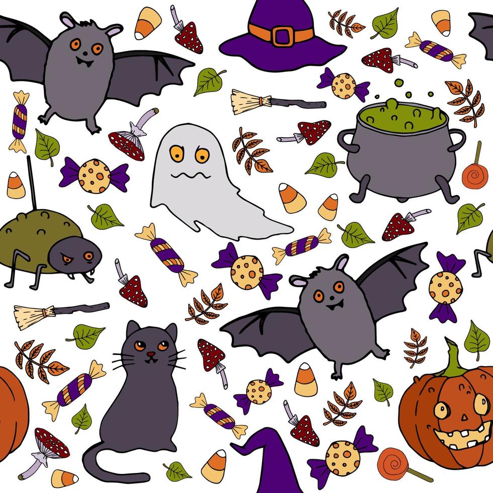 modèle sans couture de vecteur d'halloween. fantôme, balai, chat, chauve-souris, fond de chapeau. texture colorée de vacances pour l'emballage, le papier peint, le textile, le scrapbooking. illustration vectorielle dessinée à la main dans un style doodle