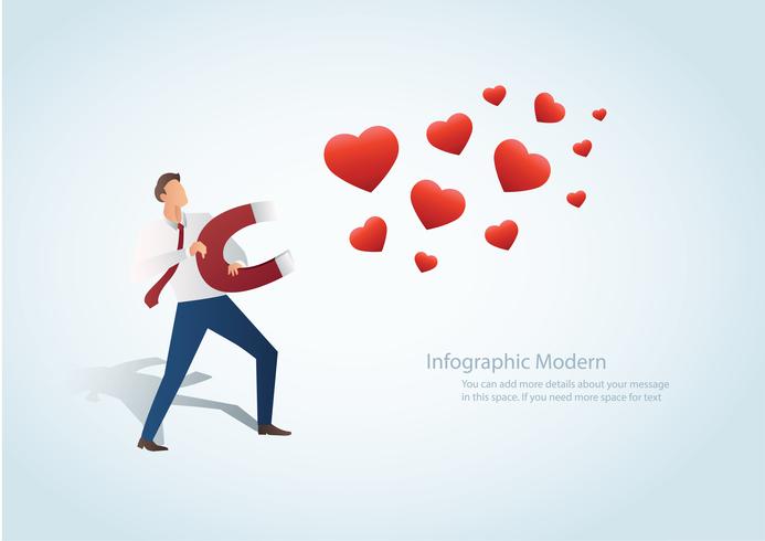 Homme infographique attirant le coeur avec une illustration de vecteur grand aimant