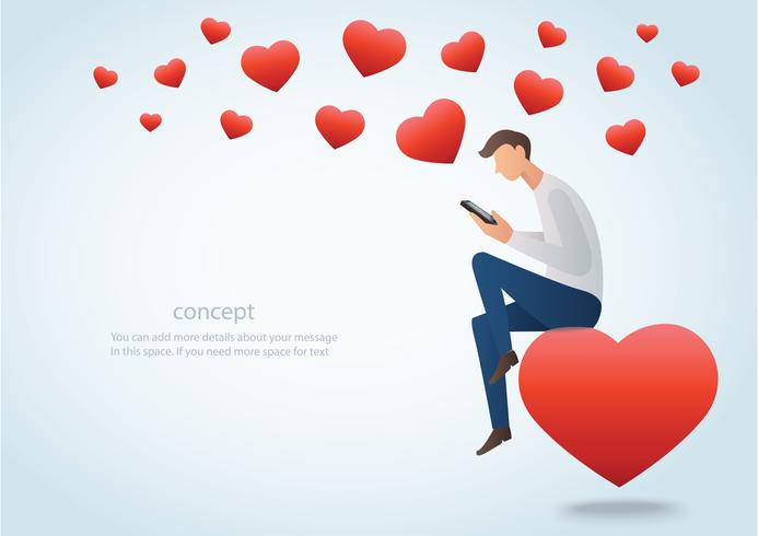 homme tenant un smartphone assis sur le coeur rouge et beaucoup d&#39;illustration vectorielle de coeur vecteur