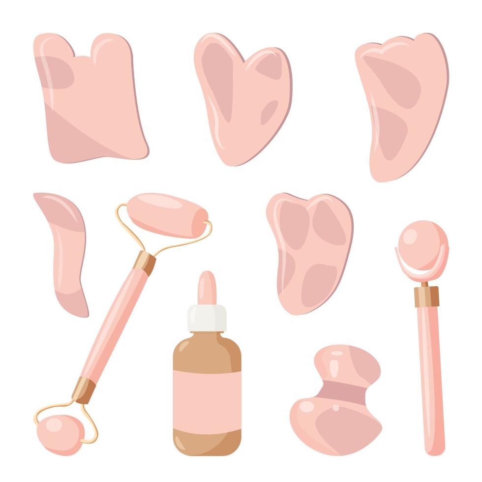 ensemble d'éléments pour effectuer un massage cosmétique gua sha à la maison. soins de la peau, concept de beauté vecteur