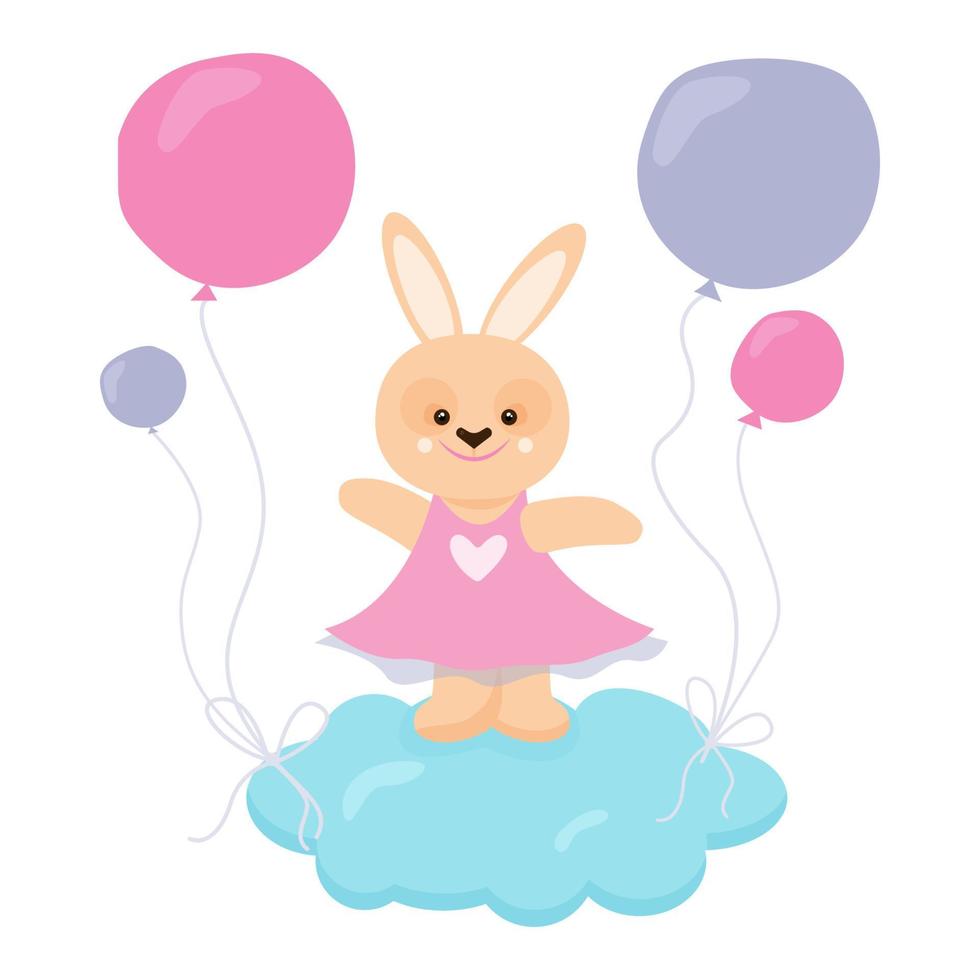jolie fille lapin volant sur un nuage avec des ballons. illustration vectorielle de dessin animé vecteur