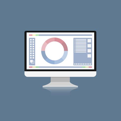 Ordinateur de bureau avec programme de graphisme sur l’écran de recouvrement, bureau de design vectoriel plat pour graphiste ou Photographe