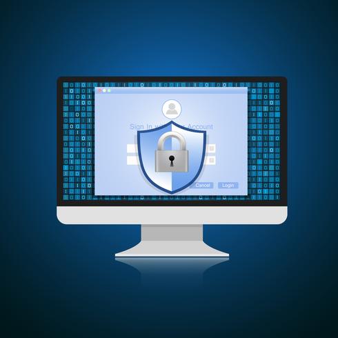 Le concept est la sécurité des données. Le bouclier sur l&#39;ordinateur protège les données sensibles. La sécurité sur Internet. Illustration vectorielle vecteur