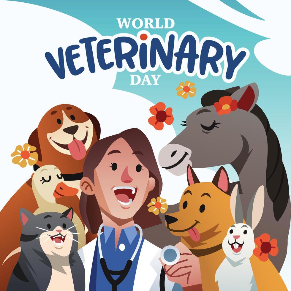 un vétérinaire célèbre la journée vétérinaire avec les animaux vecteur