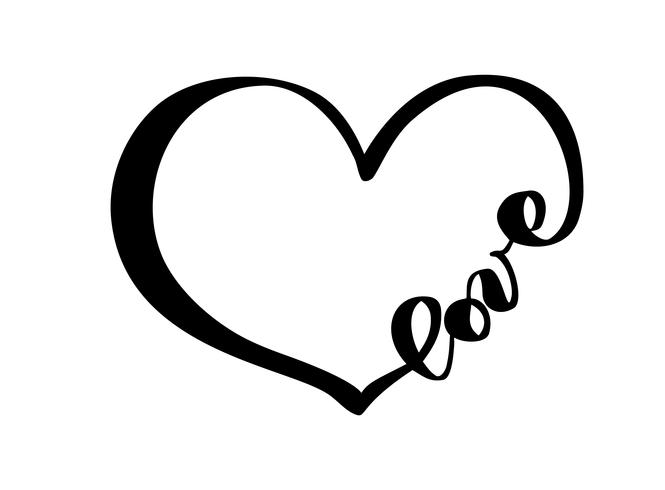 Main dessinée coeur avec signe de l&#39;amour du texte. Illustration vectorielle de calligraphie romantique. Symbole d&#39;icône Concepn pour t-shirt, carte de voeux, mariage affiche. Élément plat design de la Saint-Valentin vecteur