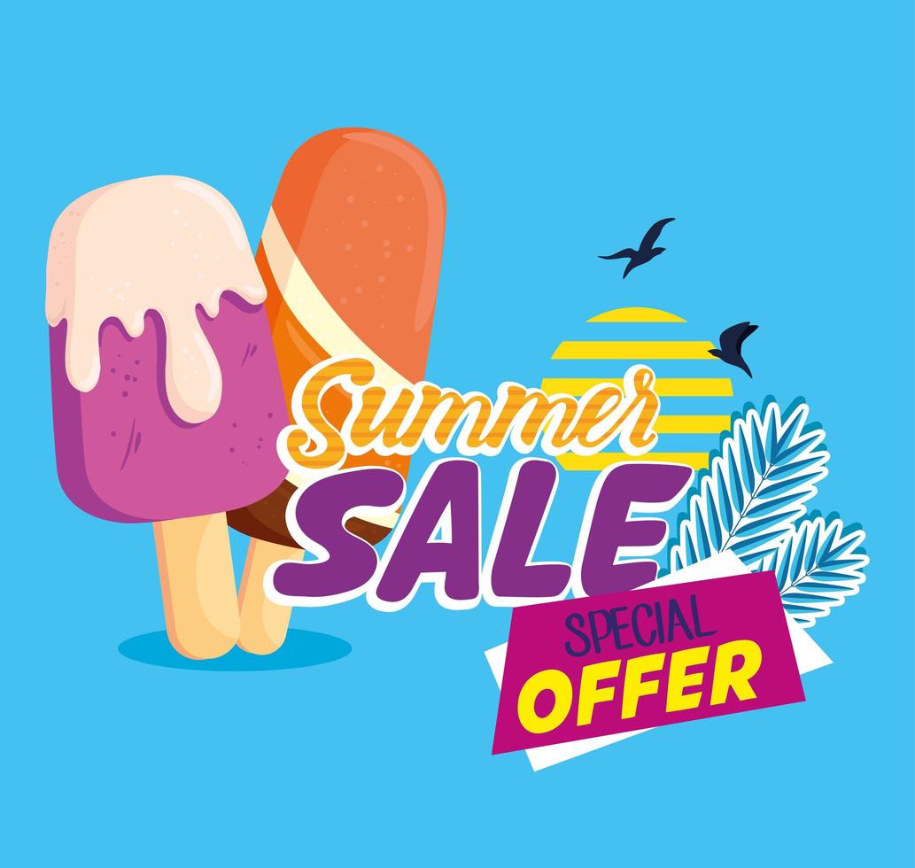 bannière de soldes d'été, affiche de réduction de saison avec glaces, invitation à faire du shopping avec étiquette d'offre spéciale vecteur