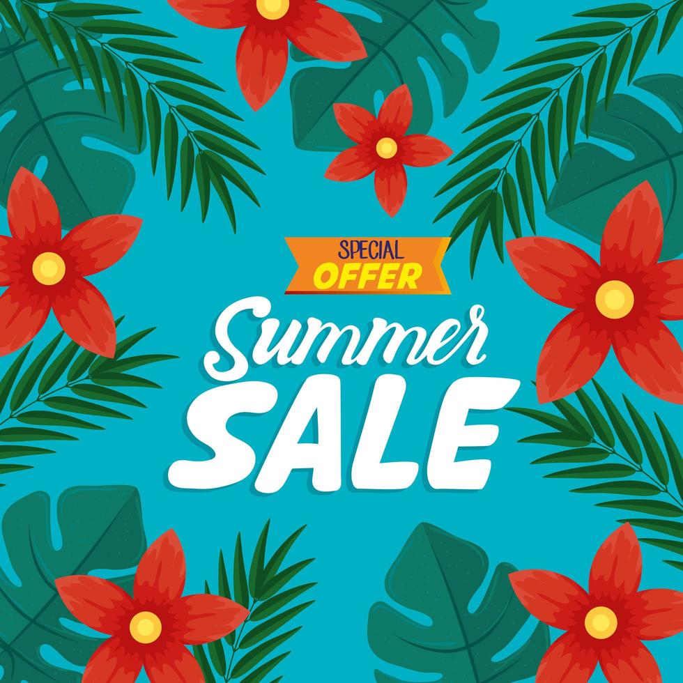 bannière de vente d'été, affiche de réduction de saison avec fleurs et feuilles tropicales, invitation à faire du shopping avec étiquette d'offre spéciale de vente d'été vecteur