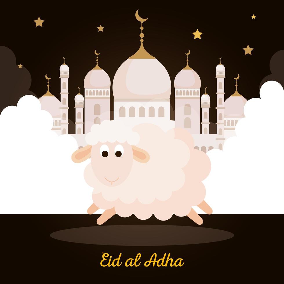 eid al adha mubarak, bonne fête du sacrifice, avec moutons et mosquée vecteur