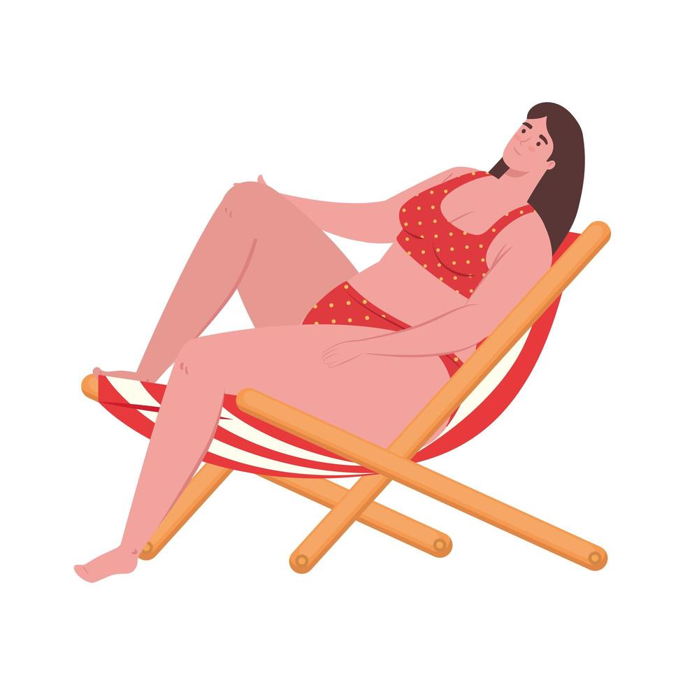 jolie femme dodue assise dans une chaise de plage avec maillot de bain couleur rouge sur fond blanc vecteur