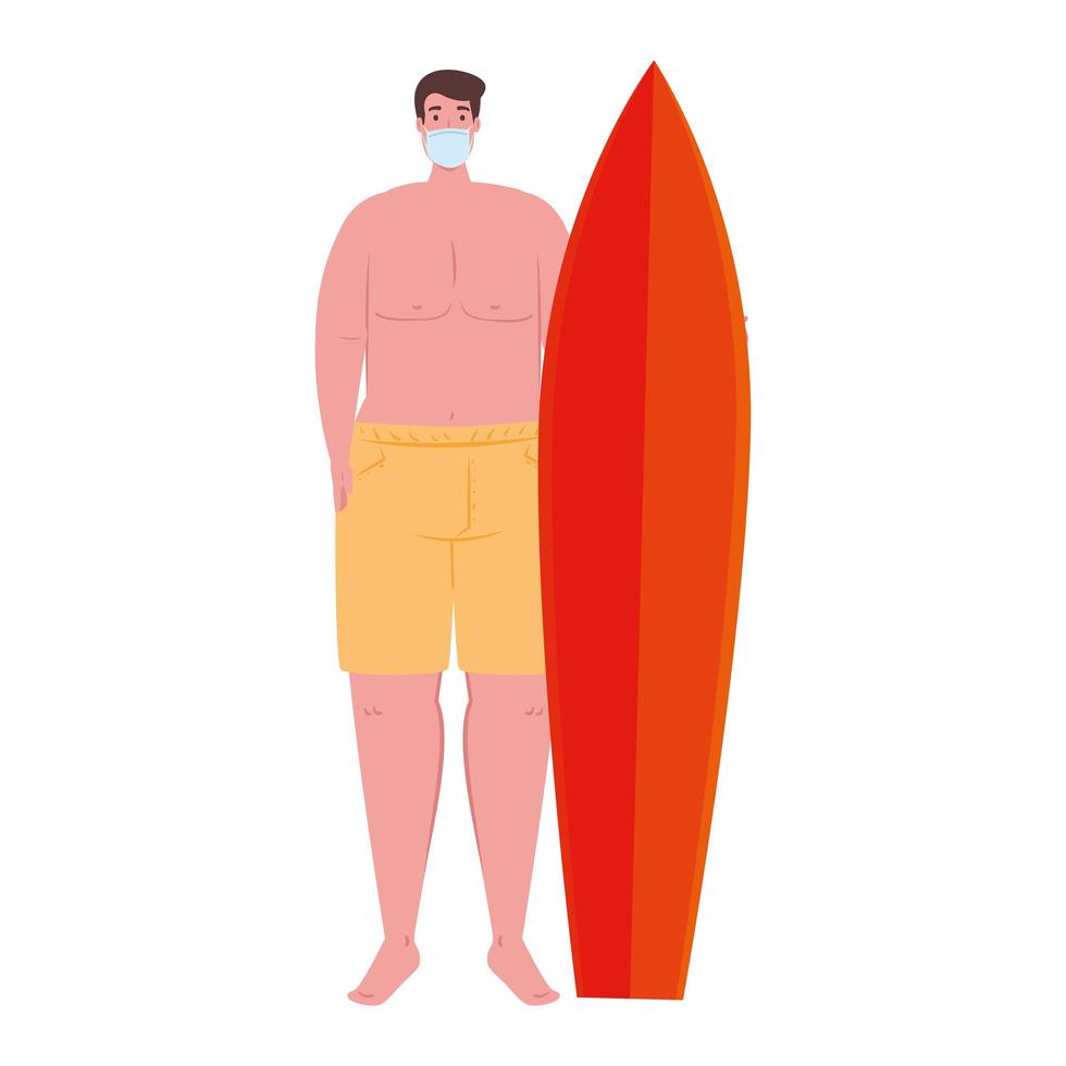 homme en short couleur jaune, portant un masque médical, avec planche de surf covid 19 vacances d'été vecteur