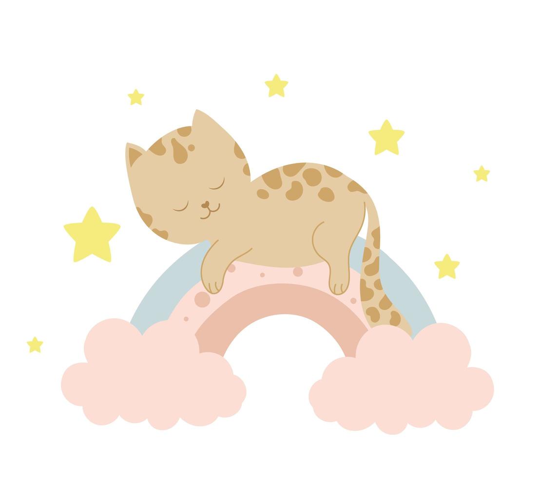 chat mignon dormant sur l'arc-en-ciel. illustration de concept de bébé animal pour pépinière, personnage pour enfants. vecteur