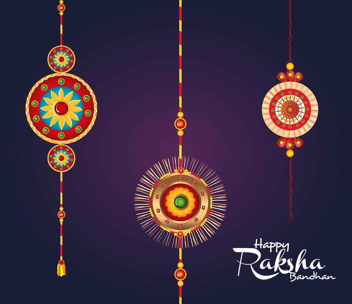 carte de voeux avec ensemble décoratif de rakhi suspendu pour raksha bandhan, festival indien pour la célébration de la liaison frère et soeur vecteur