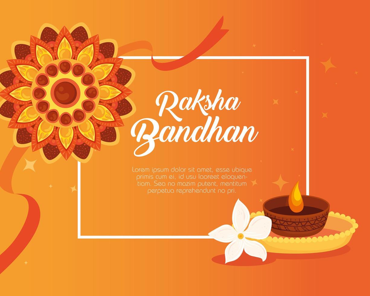 carte de voeux avec rakhi décoratif et bougies pour raksha bandhan, festival indien pour la célébration des liens entre frère et soeur vecteur