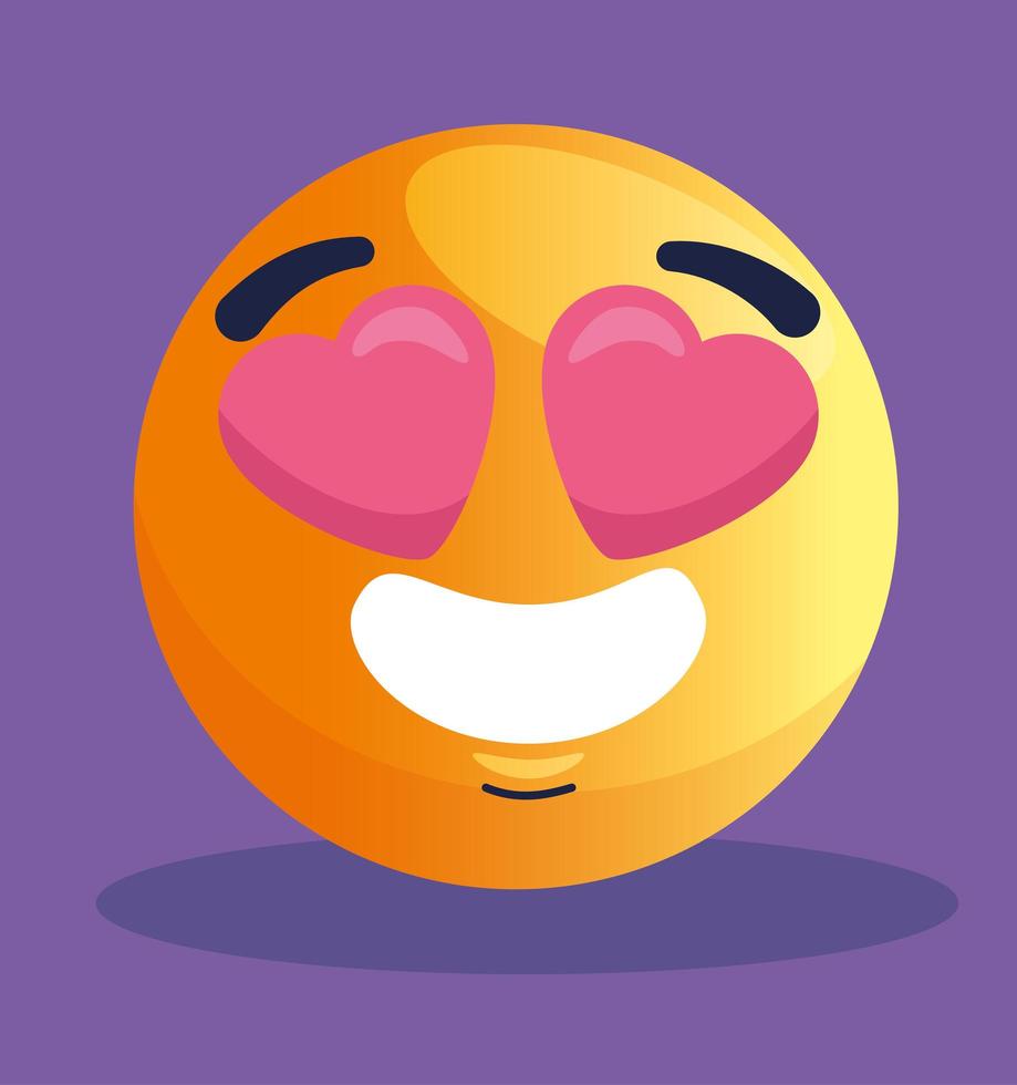 emoji adorable, visage jaune avec des coeurs dans les yeux, sur fond violet vecteur