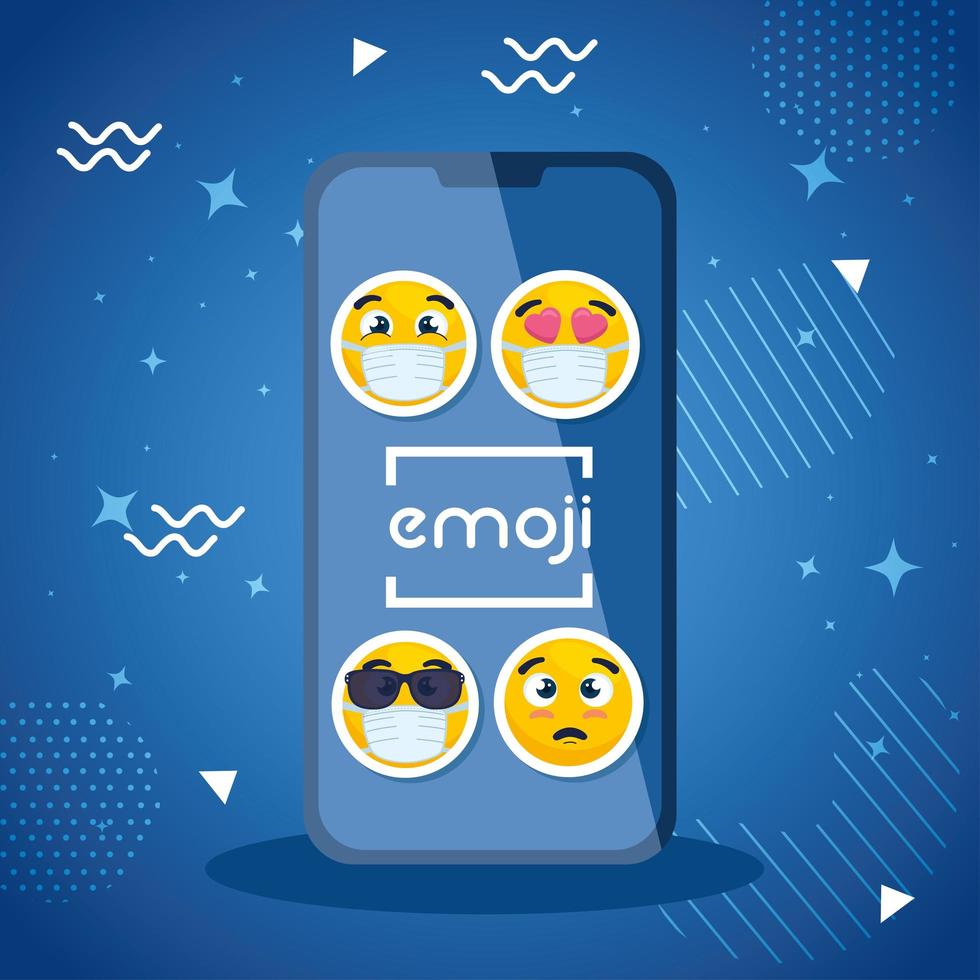 smartphone avec ensemble d'emojis, visages jaunes dans un smartphone vecteur