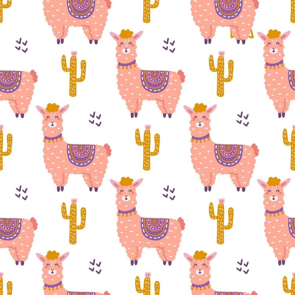 mignon lama avec cactus, motif vectoriel sans couture dans un style plat dessiné à la main