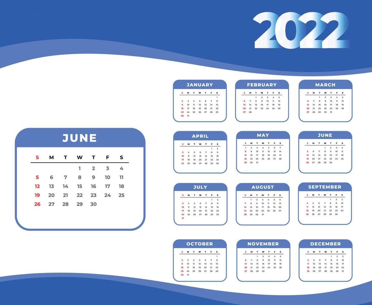 calendrier 2022 juin mois bonne année conception abstraite illustration vectorielle blanc et bleu vecteur
