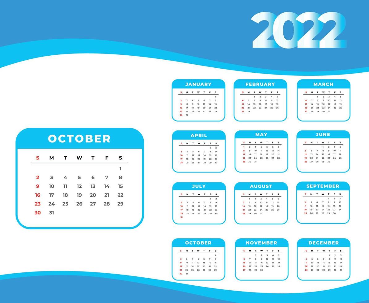 calendrier 2022 octobre mois bonne année conception abstraite illustration vectorielle blanc et bleu vecteur