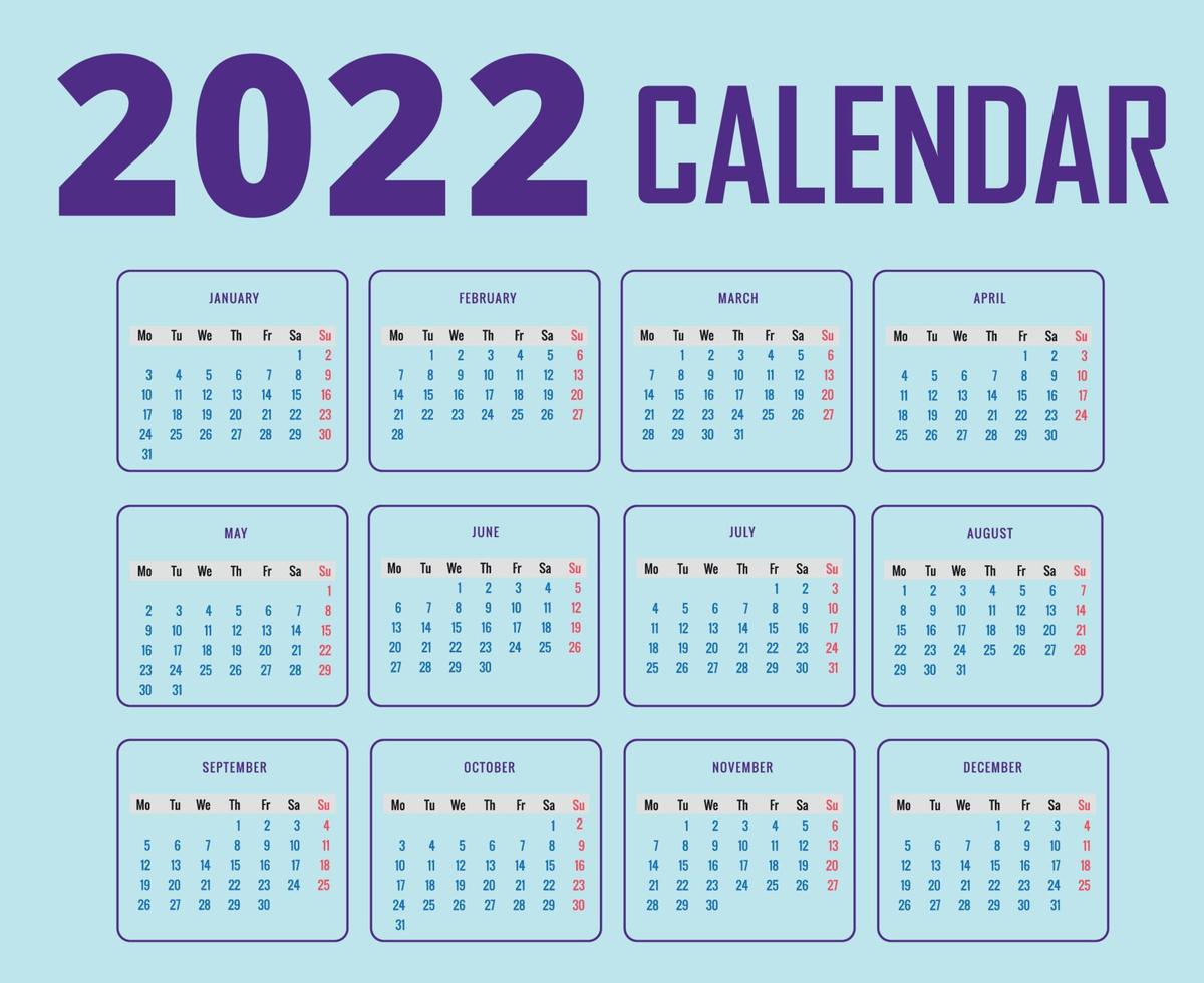 calendrier 2022 mois bonne année conception abstraite illustration vectorielle violet avec fond cyan vecteur