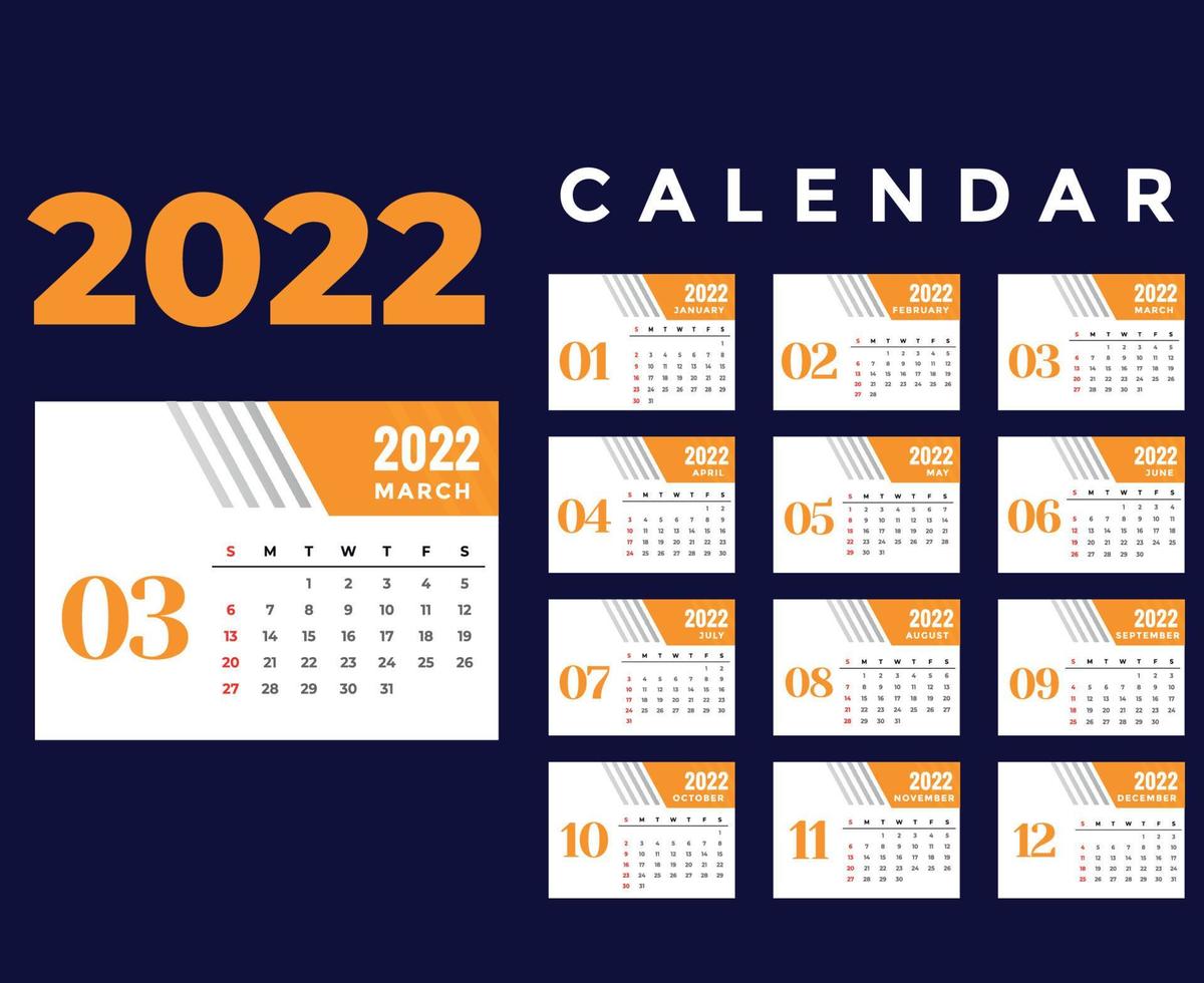 calendrier 2022 mois de mars bonne année conception abstraite couleurs d'illustration vectorielle avec fond bleu vecteur