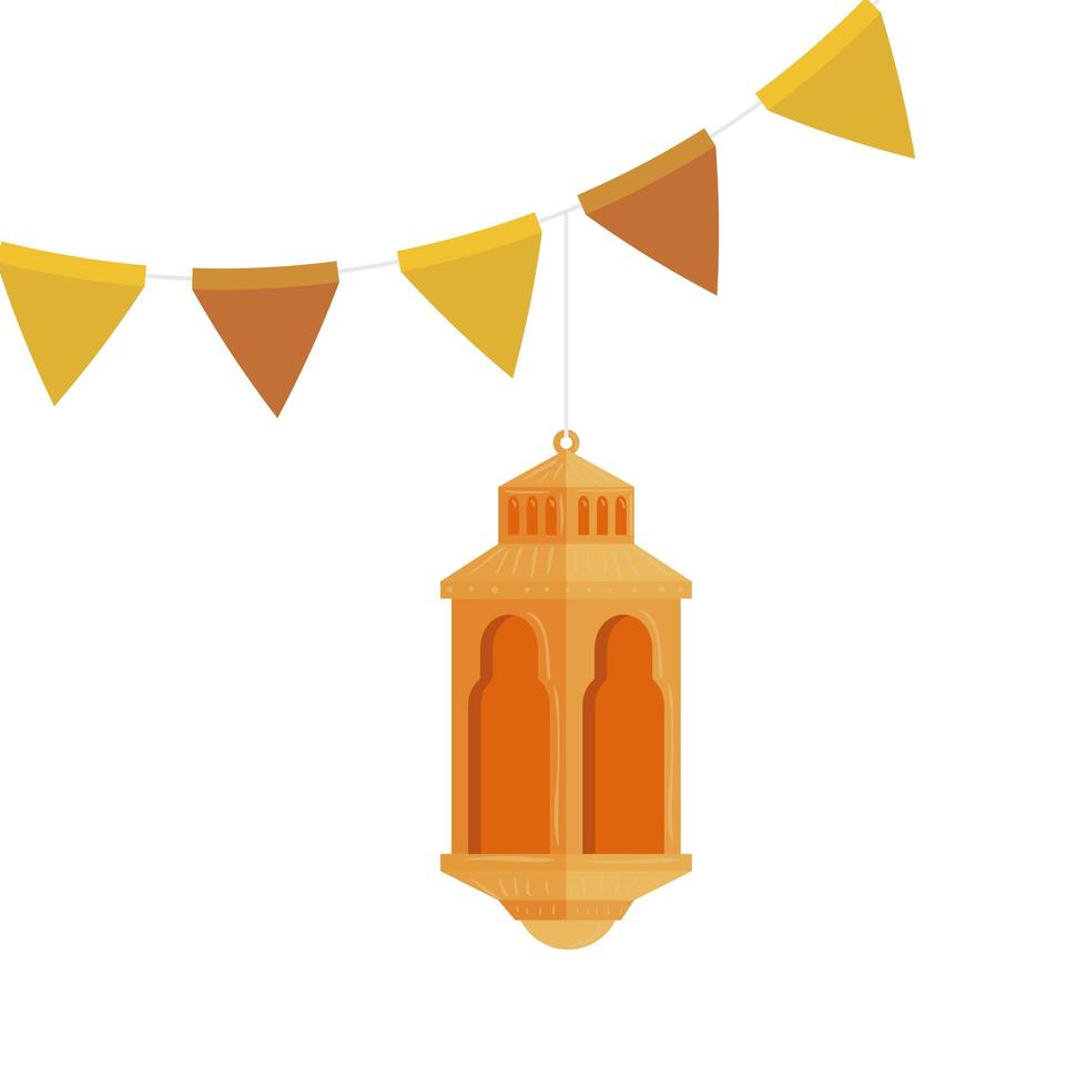 lanterne ramadan kareem suspendue avec décoration de guirlande, lanterne dorée suspendue sur fond blanc vecteur