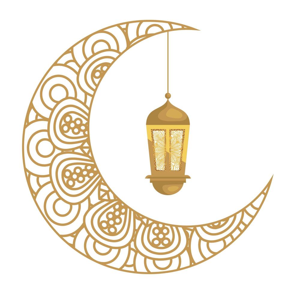 Lanterne ramadan kareem suspendu avec croissant de lune doré sur fond blanc vecteur