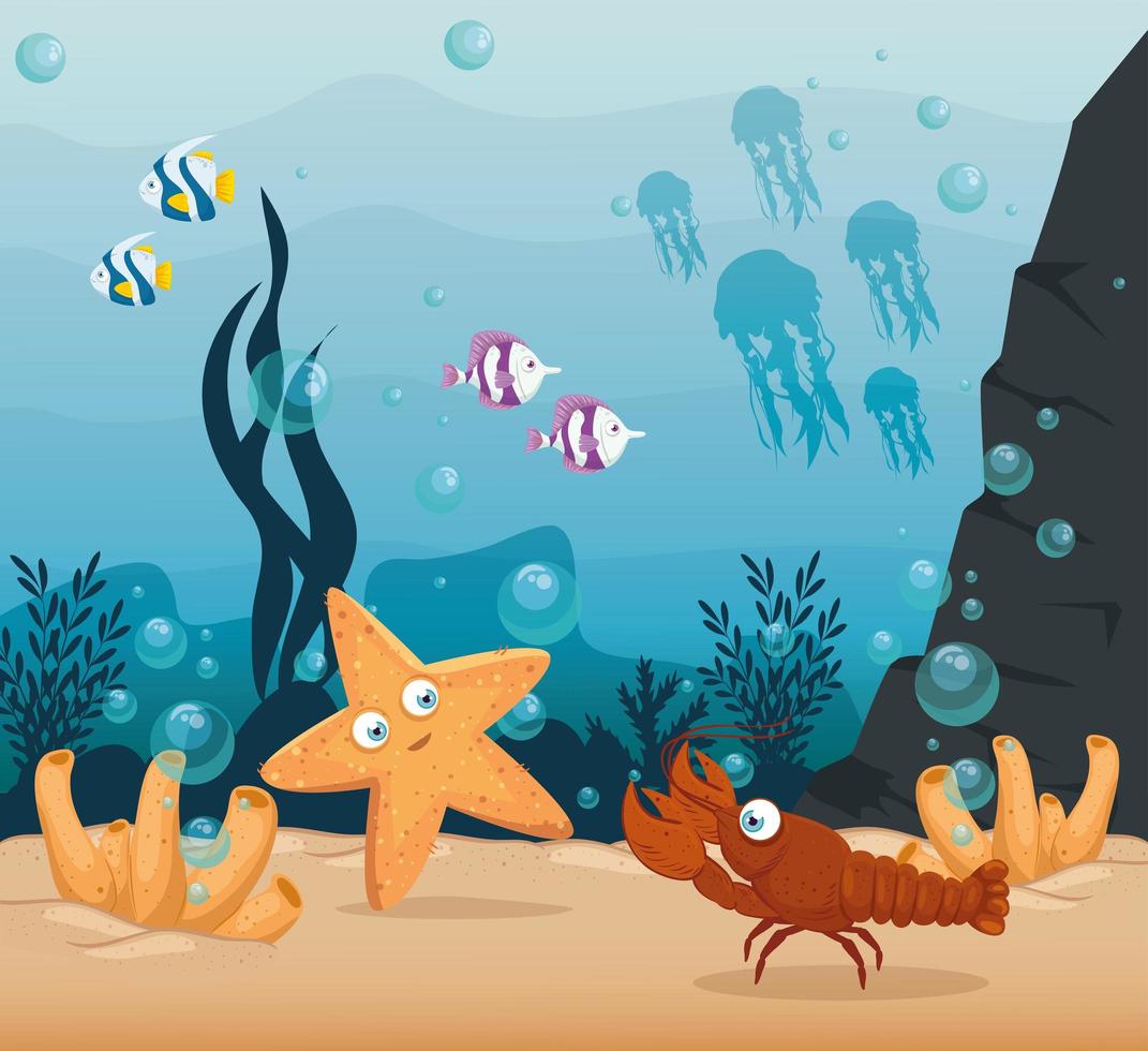 homard et animaux marins dans l'océan, habitants du monde marin, créatures sous-marines mignonnes, faune sous-marine vecteur