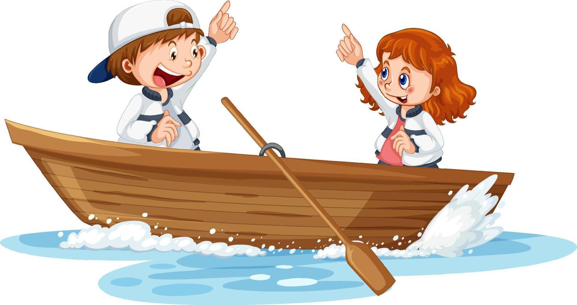 couple d'enfants sur un bateau en bois vecteur