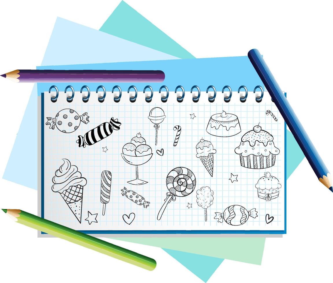 icônes de doodle dessinées à la main sur la page du cahier vecteur