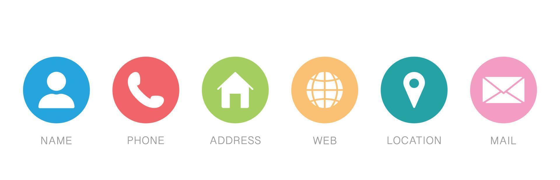 icône d'informations de contact de carte de visite. symbole de communication dans un style plat. ensemble d'icônes de contact en formes de cercle. nom, adresse, téléphone, e-mail, site Web et pictogramme de localisation. illustration vectorielle vecteur