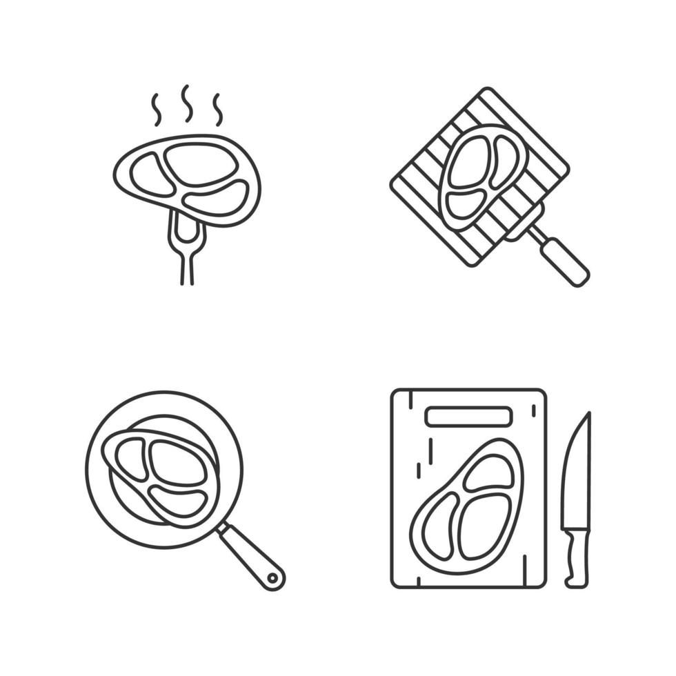 ensemble d'icônes linéaires de préparation de viande. griller, frire et couper des steaks de viande. symboles de contour de ligne mince. illustrations vectorielles isolées vecteur