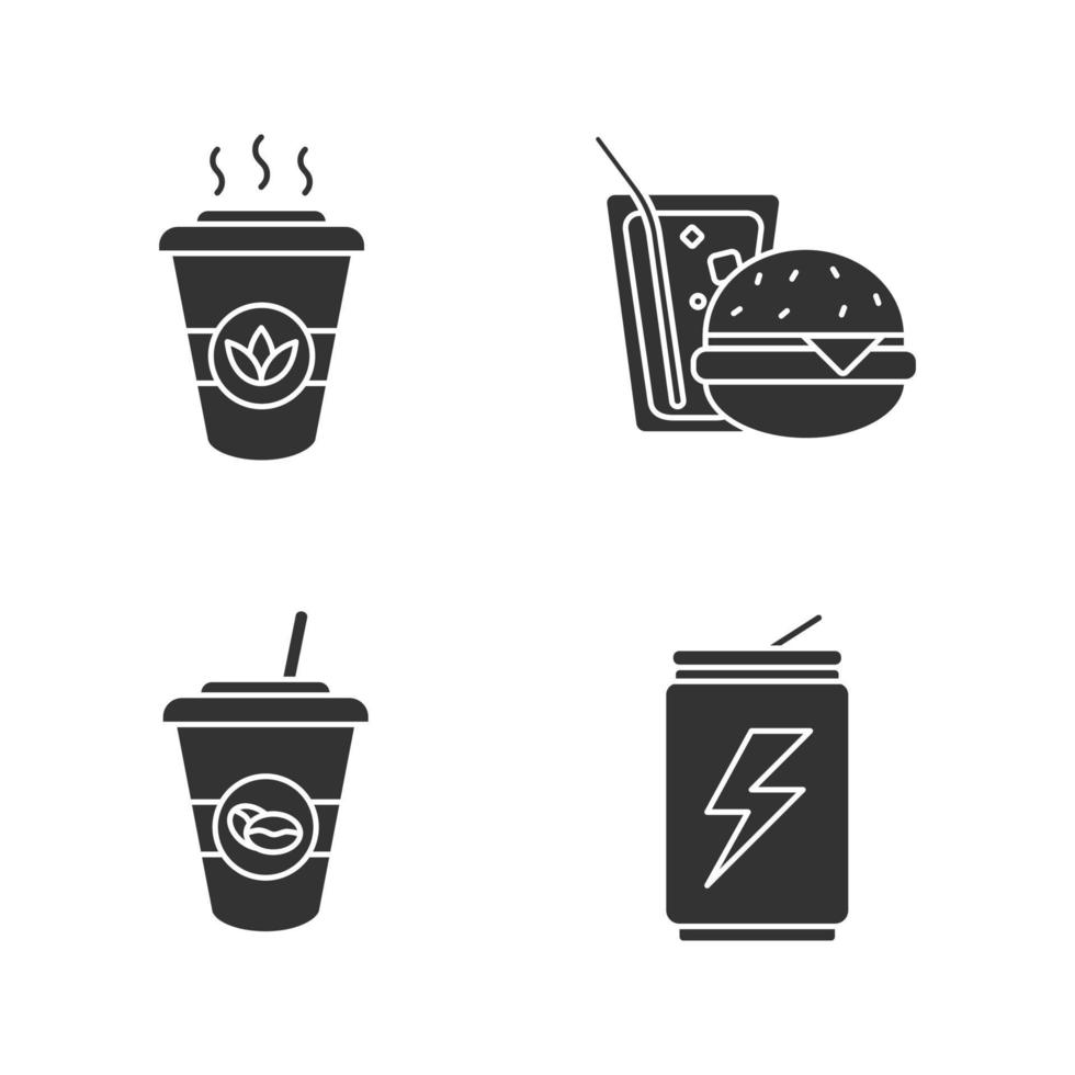 ensemble d'icônes de glyphe de boissons. café et thé à emporter, boisson énergisante, soda avec burger. symboles de silhouettes. illustration vectorielle isolée vecteur