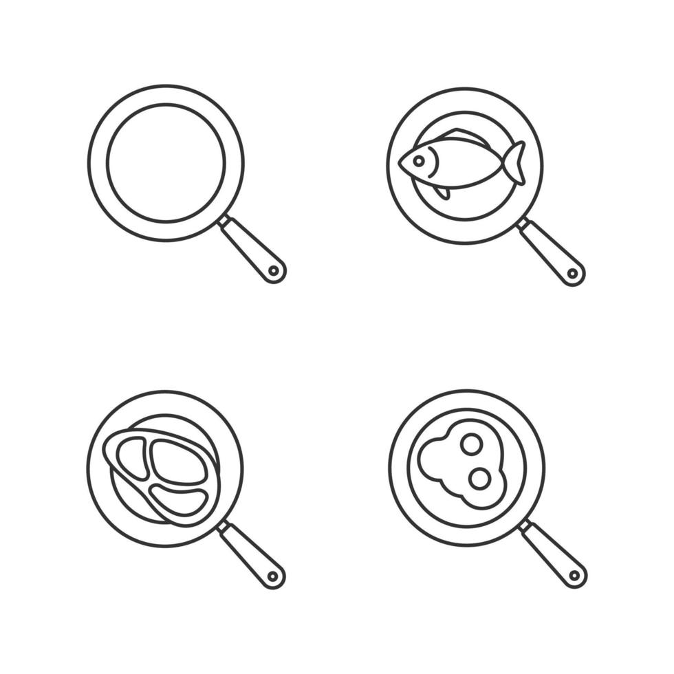 ensemble d'icônes linéaires de poêles à frire. poisson frit, œufs et steak de viande. symboles de contour de ligne mince. illustrations vectorielles isolées vecteur
