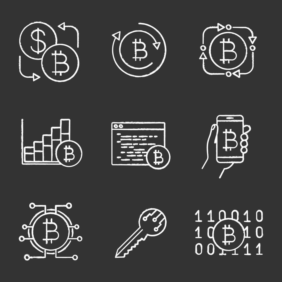 ensemble d'icônes de craie de crypto-monnaie bitcoin. échange de bitcoins, fintech, tableau de croissance du marché, logiciel de minage, portefeuille numérique, clé, code binaire. illustrations de tableau de vecteur isolé