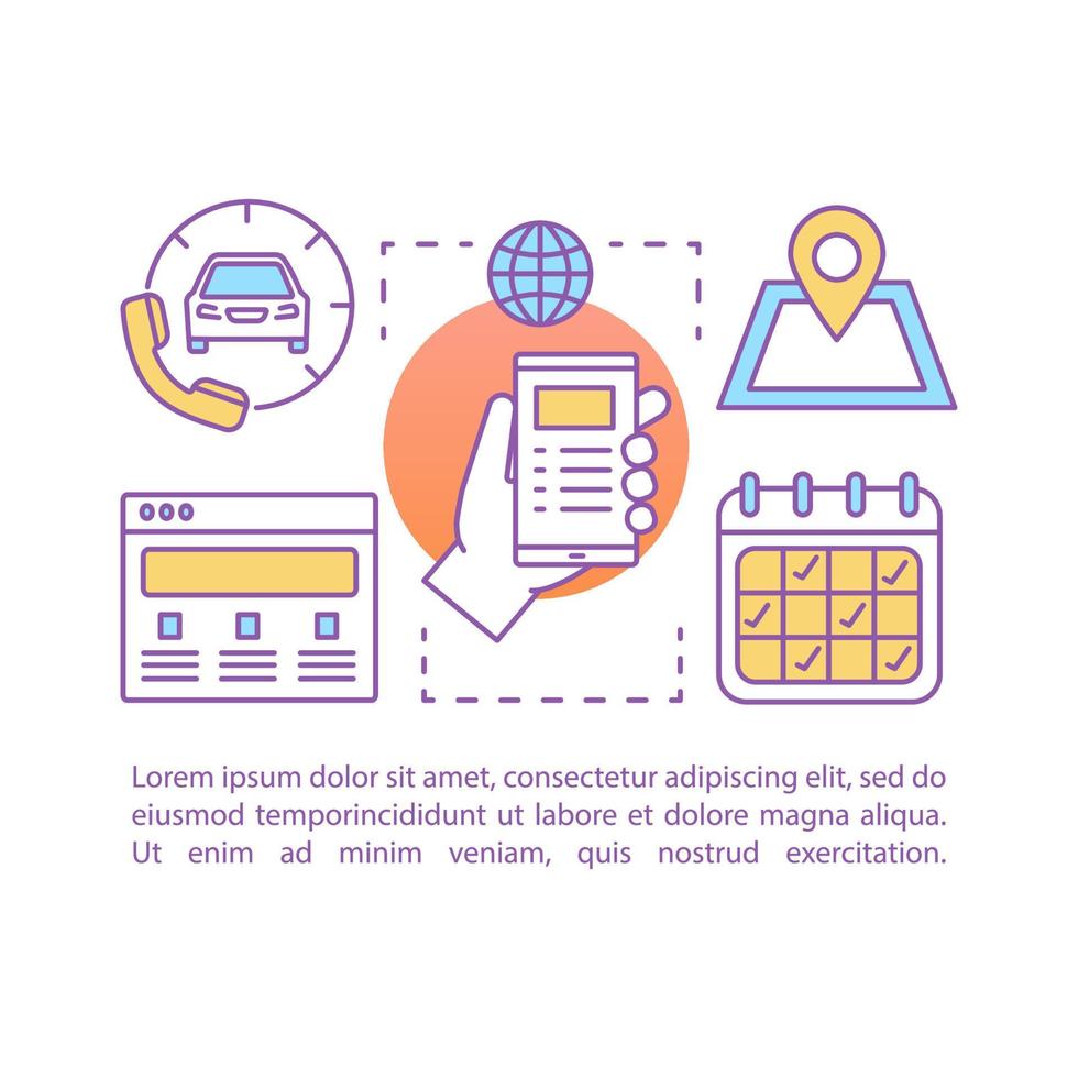 illustration linéaire de concept de location de voiture. louer une voiture. article, brochure, mise en page de magazine. leasing automobile. location de voiture. icônes de fine ligne avec des zones de texte. design d'impression. dessin isolé de vecteur
