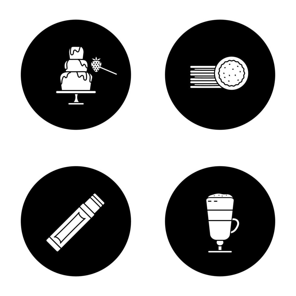 ensemble d'icônes de glyphe de confiserie. fontaine de chocolat, biscuits sandwich, bâton de chewing-gum, macchiato latte. illustrations de silhouettes blanches vectorielles dans les cercles noirs vecteur