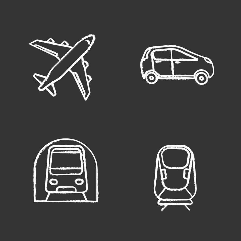 ensemble d'icônes de craie de transport en commun. les modes de transport. avion, voiture, transrapide, métro. illustrations de tableau de vecteur isolé