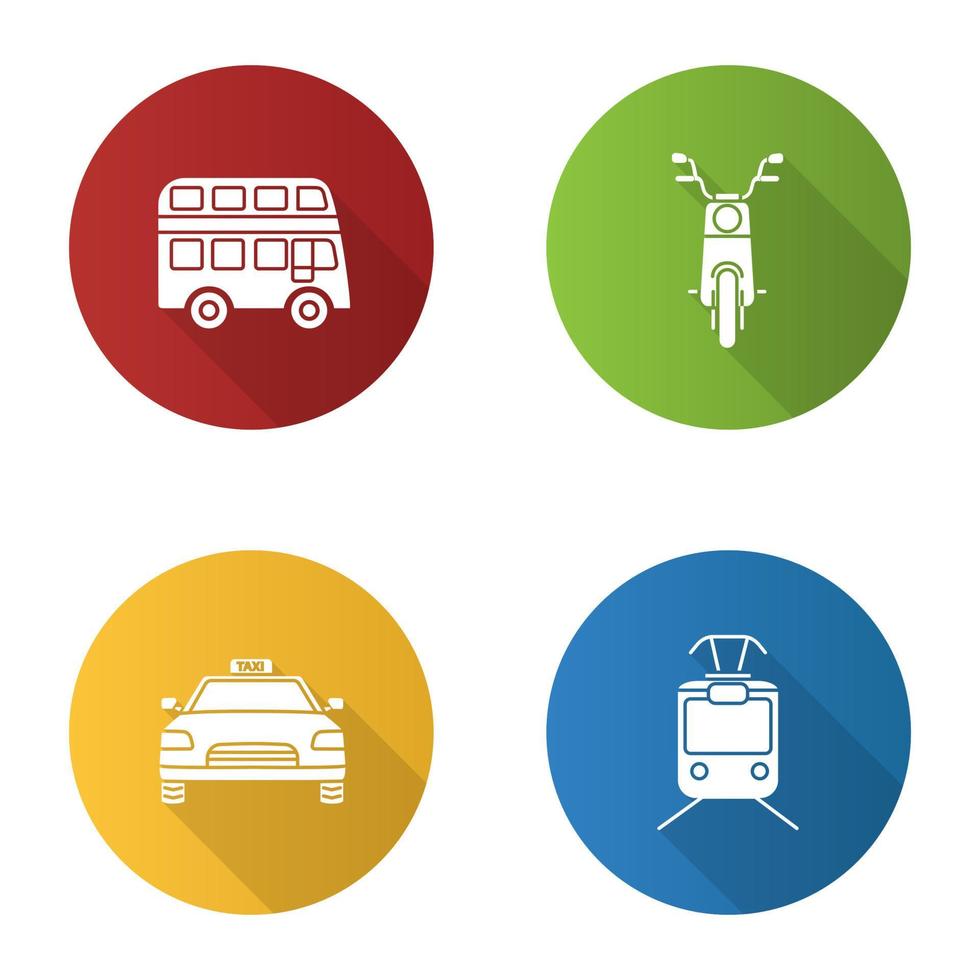 ensemble d'icônes de glyphe d'ombre longue de conception plate de transport public. les modes de transport. bus à impériale, scooter, taxi, tram. illustration vectorielle silhouette vecteur