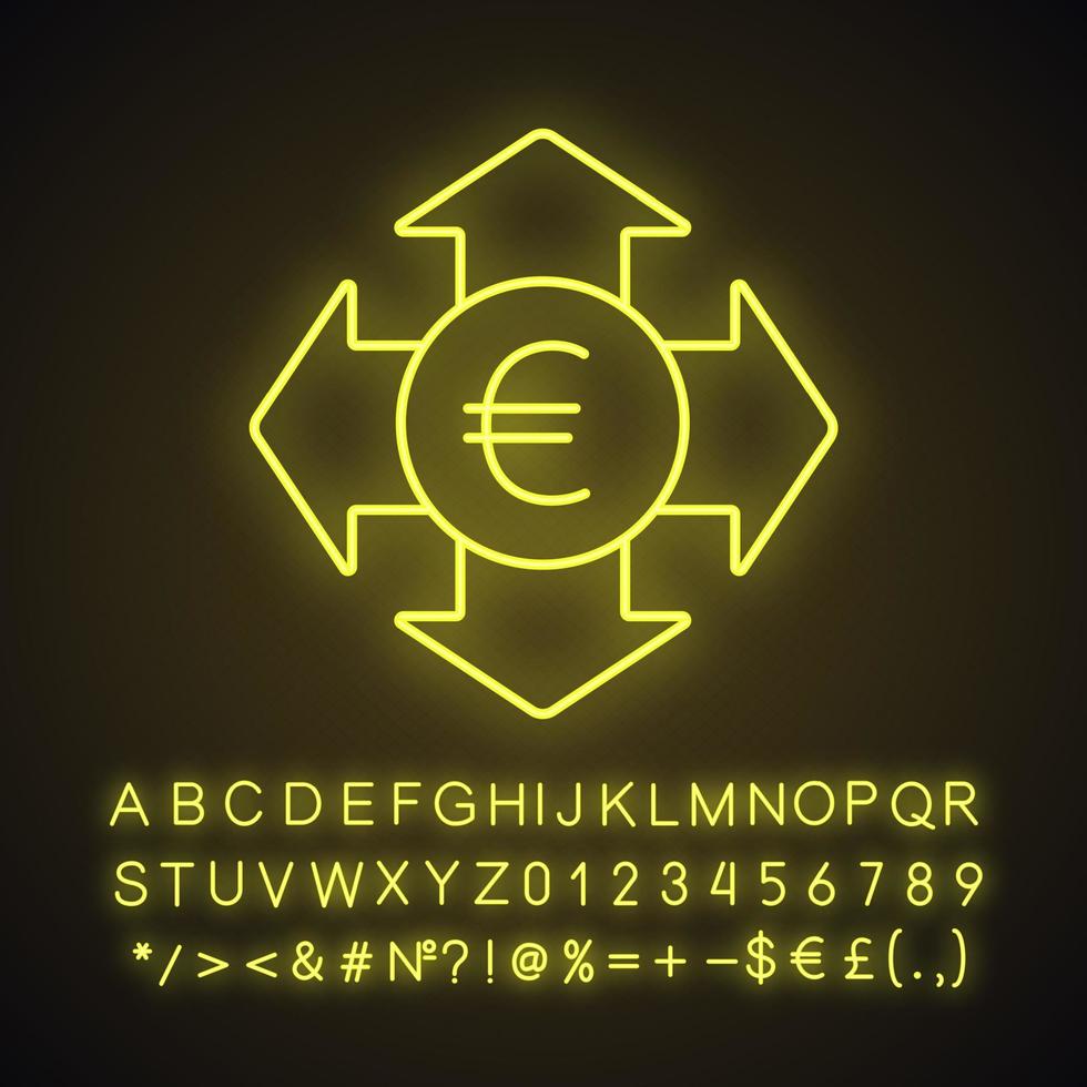 icône de néon de dépenses d'argent. étendues. euro avec toutes les flèches de direction. signe lumineux avec alphabet, chiffres et symboles. illustration vectorielle isolée vecteur
