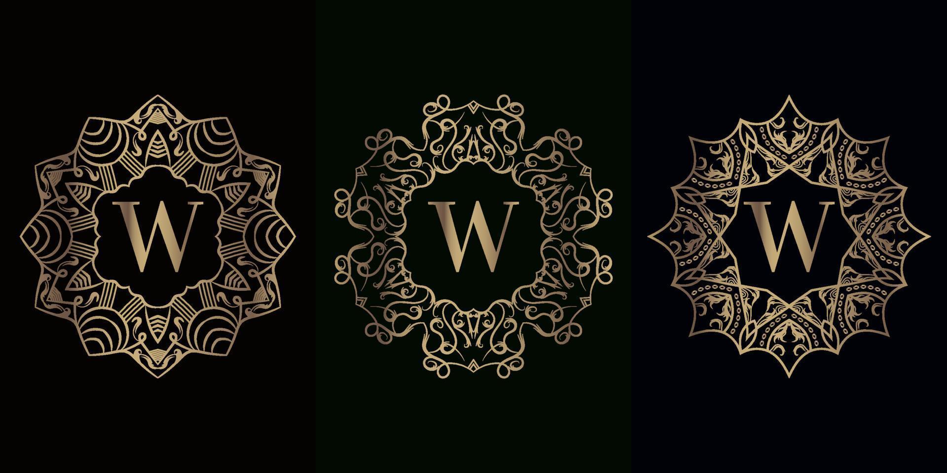 collection de logo initial w avec cadre d'ornement de mandala de luxe vecteur