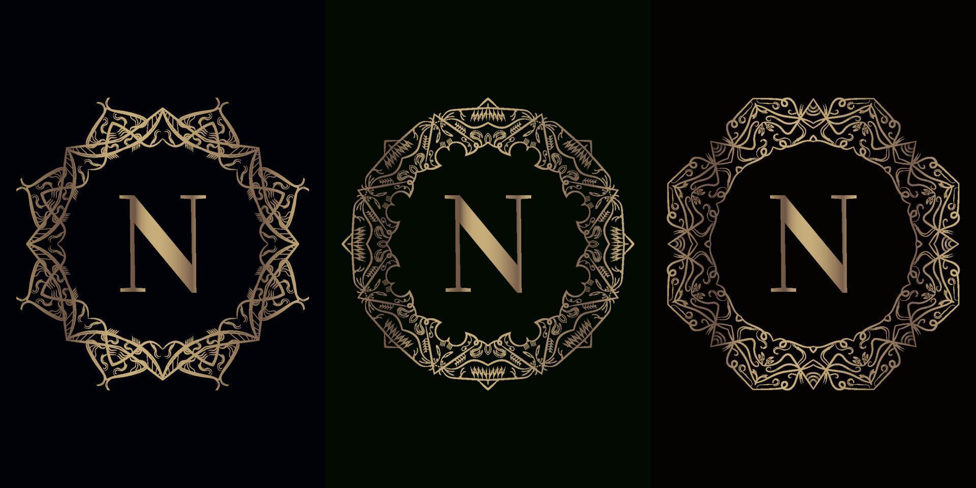 collection de logo initial n avec cadre d'ornement de mandala de luxe vecteur