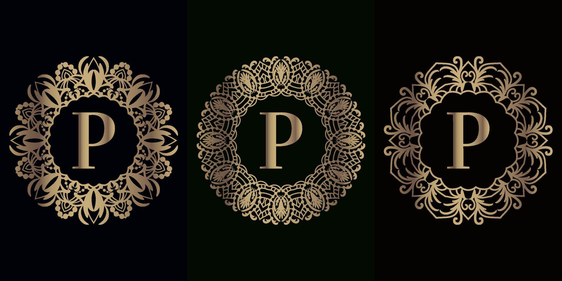 collection de logo initial p avec cadre d'ornement de mandala de luxe vecteur