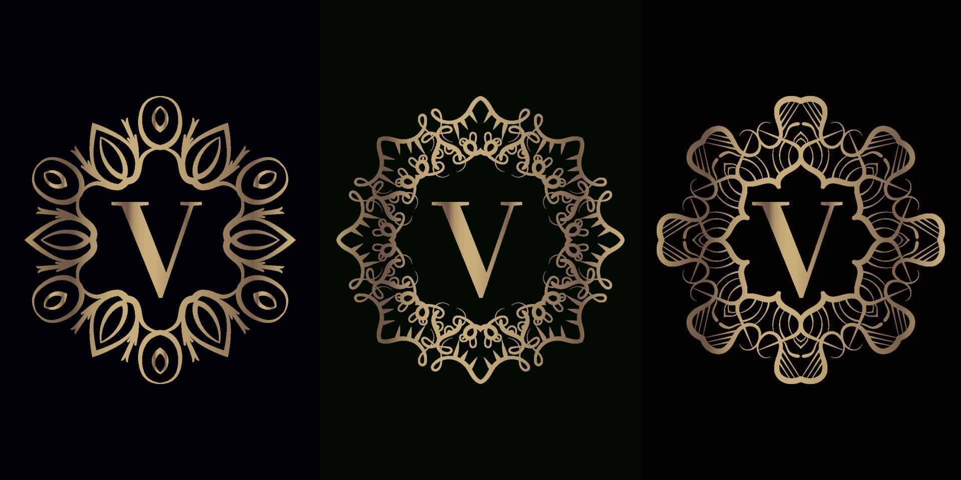 collection de logo initial v avec cadre d'ornement de mandala de luxe vecteur