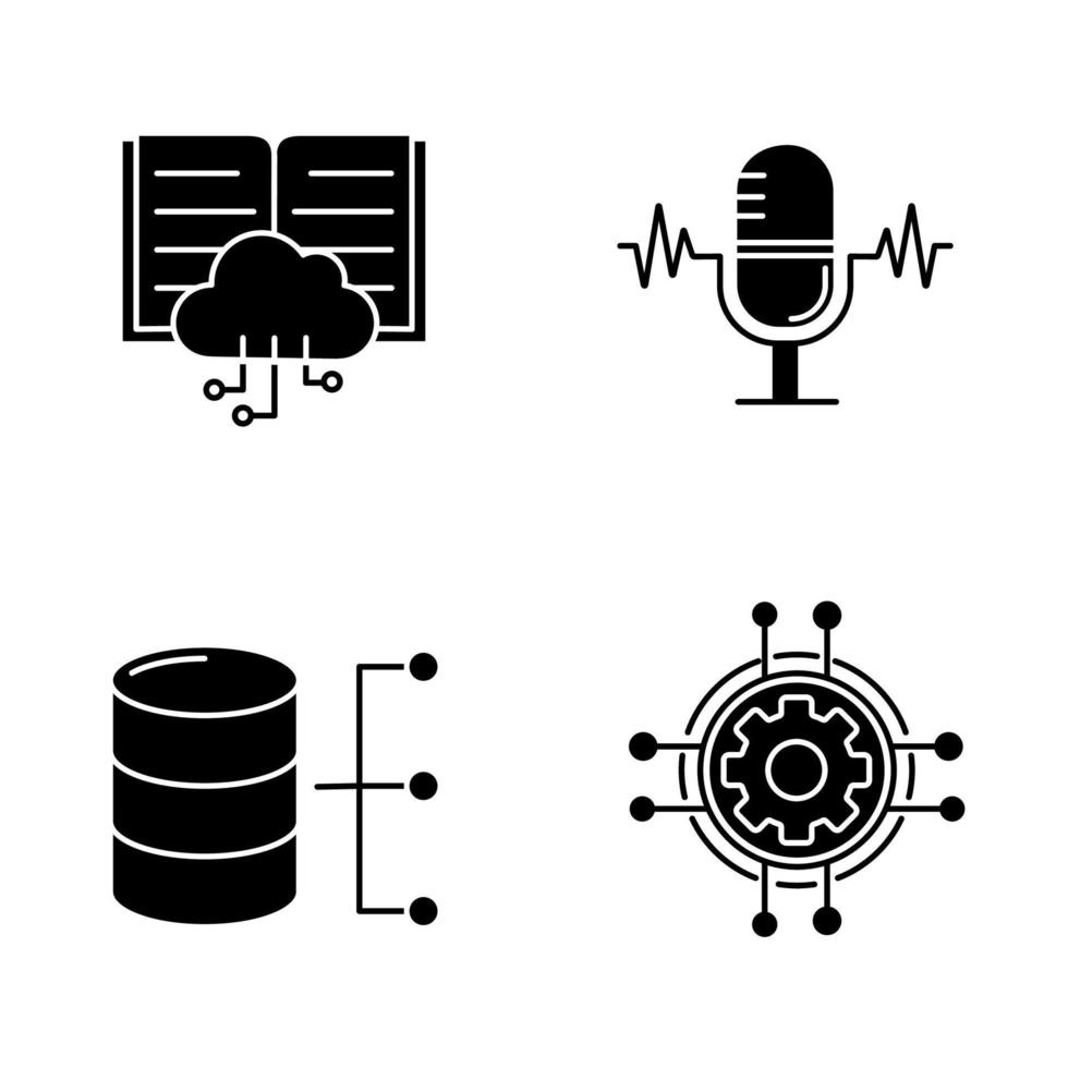 jeu d'icônes de glyphe d'apprentissage automatique. reconnaissance vocale, cloud computing, base de données relationnelle, paramètres numériques. symboles de silhouettes. illustration vectorielle isolée vecteur