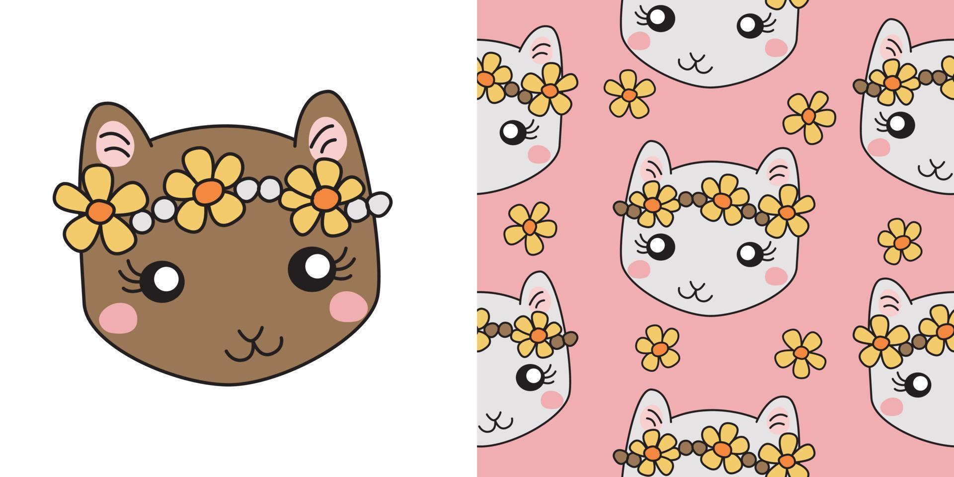 chat portant un motif floral de couronne. chat prin sur fond blanc, rose. le motif de princesse de chat mignon sans couture et un personnage pour la conception de vecteur de t-shirt pour la mode, l'arrière-plan, le papier d'emballage.