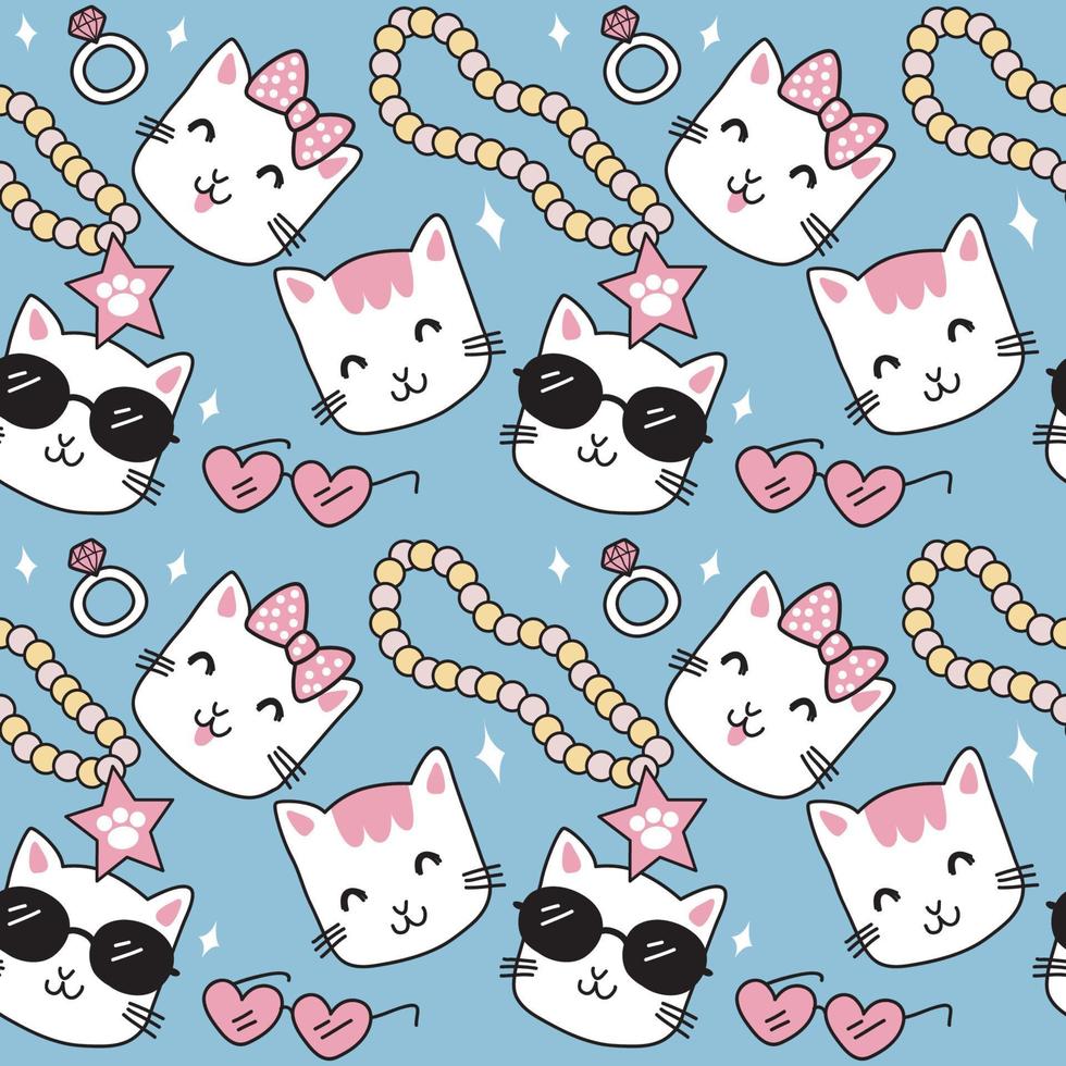 motif de dessins animés mignons de chat. chat blanc, collier, lunettes roses en forme de coeur et bague en diamant sur fond bleu. le motif mignon sans couture dans une fille, doodle de chat de mode bébé. conception de vecteur pour la mode